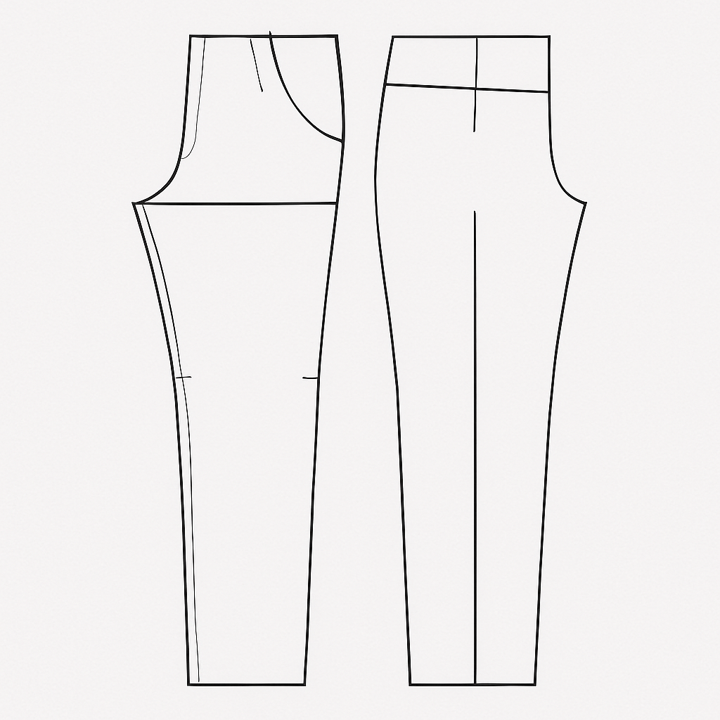 Patrón base de pantalón recto con vista del delantero y trasero para confección de prendas